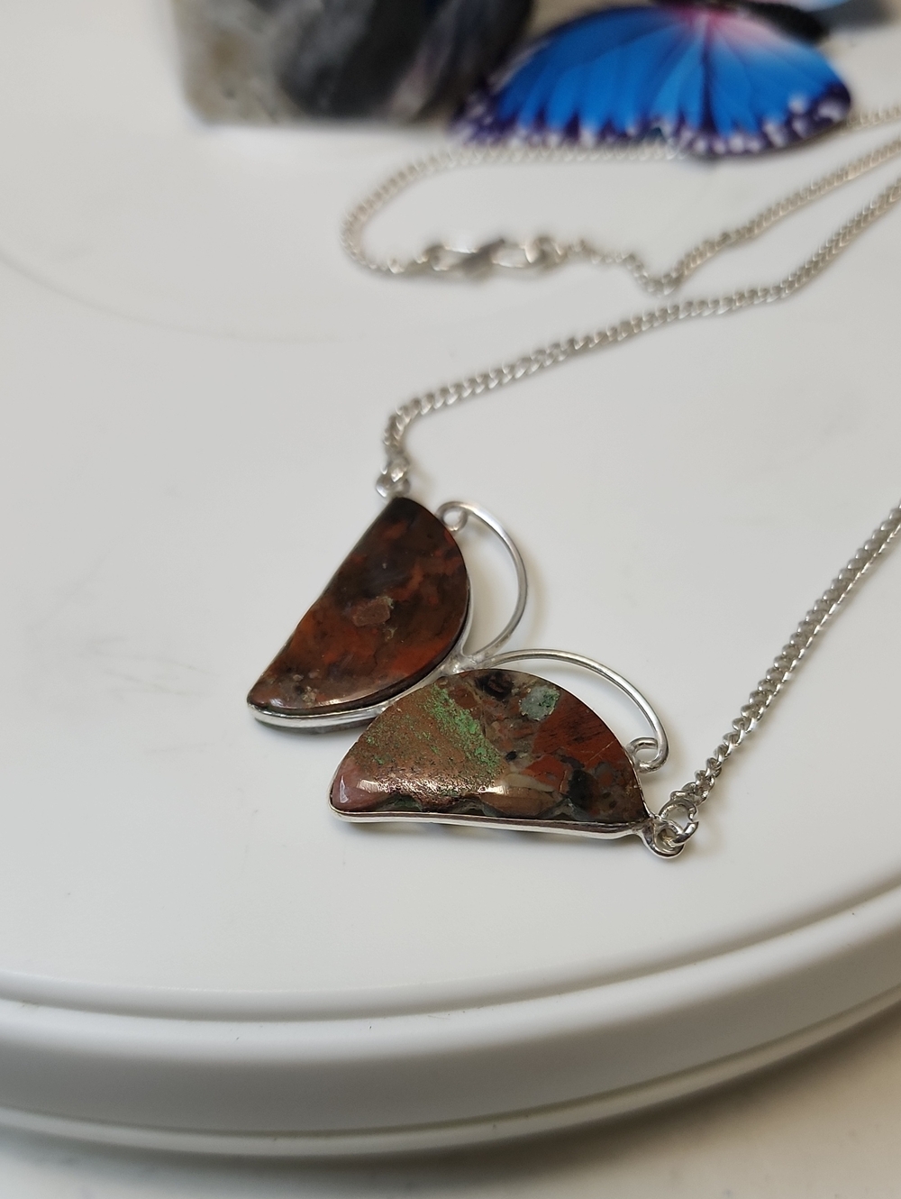 Brown-Green Stone Butterfly Pendant Necklace
